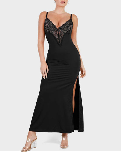 Deep-V Lace High-Slit Maxi Dress with Built-In Shapewear